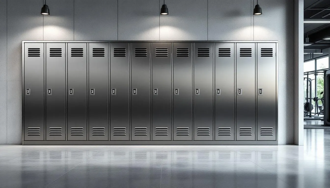 La imagen muestra un conjunto de lockers metálicos instalados en un gimnasio moderno, con varias puertas que ofrecen seguridad para el guardado de pertenencias de los usuarios. Estos casilleros, diseñados con un enfoque en la funcionalidad y calidad, son ideales para mantener el inventario de objetos personales durante la actividad física.