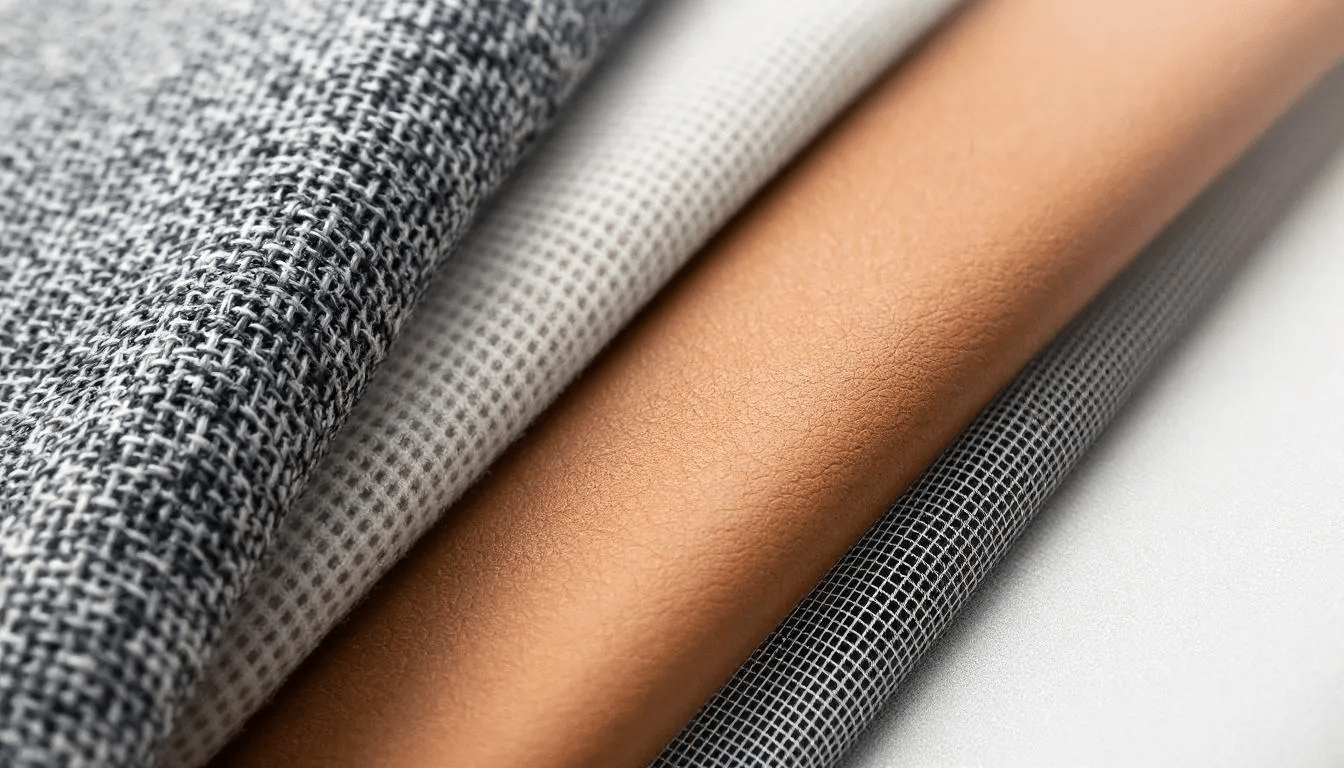 Primer plano de diferentes materiales de tapizado de sillas, incluyendo tela suave, cuero brillante y malla transpirable, que muestran la variedad de opciones para sillas de oficina. Estos materiales son esenciales para el mantenimiento y reparación de sillas, asegurando comodidad y durabilidad.