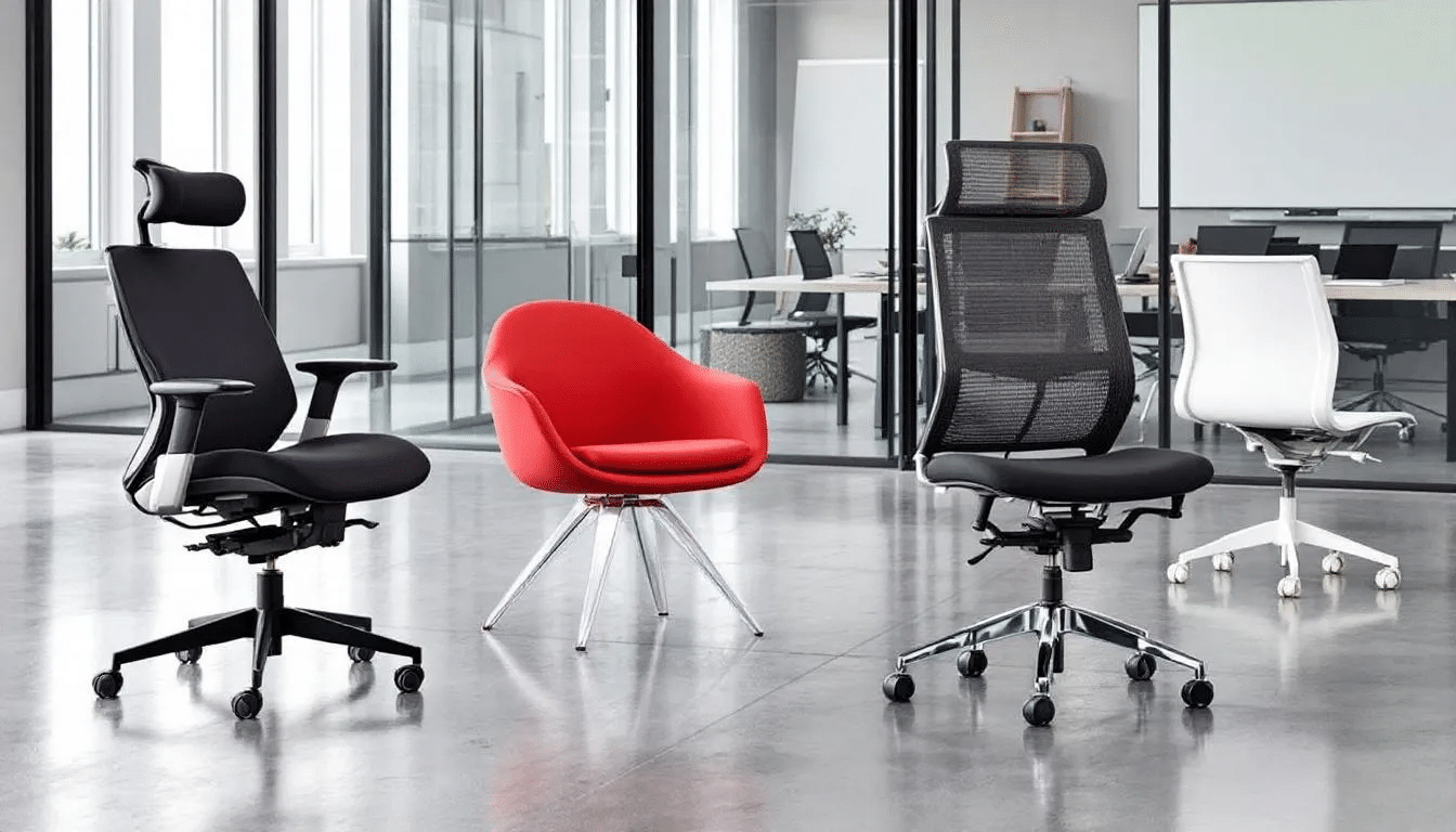 En la imagen se pueden ver diferentes tipos de sillas de oficina organizadas en un espacio de trabajo moderno, destacando sillas ergonómicas y con diferentes tapizados. El entorno está diseñado para maximizar la comodidad y productividad de los trabajadores.