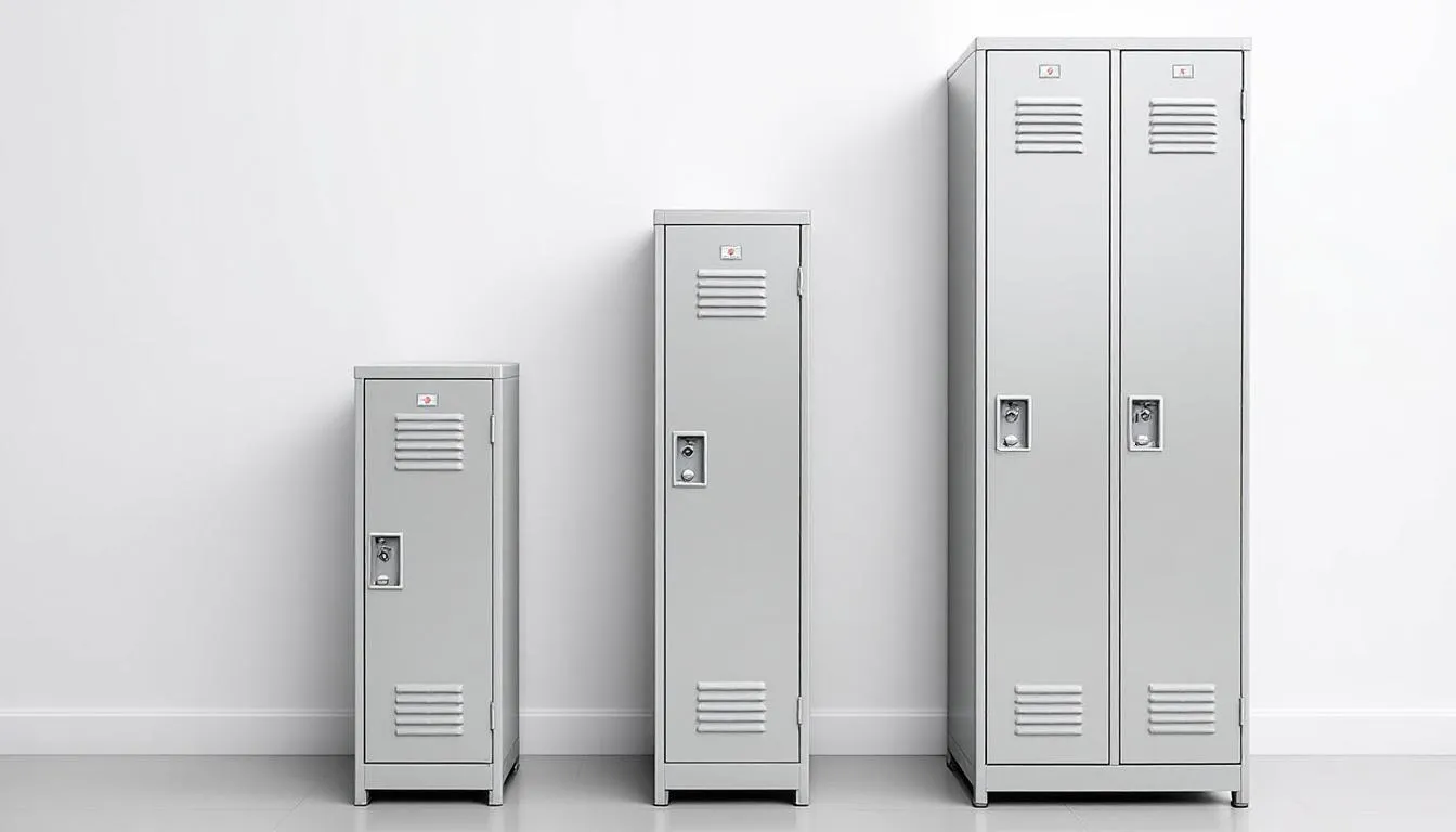 La imagen muestra una comparación de lockers metálicos de diferentes tamaños, con opciones de 1, 2, 3 y 5 puertas, destacando sus características como la resistencia y funcionalidad para el guardado de pertenencias en oficinas. Cada locker está etiquetado con medidas y colores distintos, reflejando la variedad de productos disponibles para satisfacer las necesidades de los usuarios.