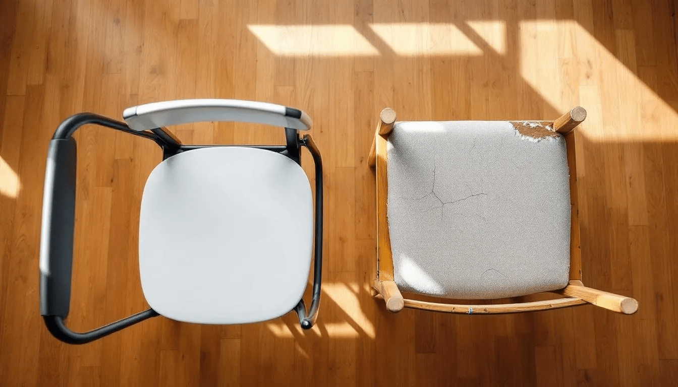 La imagen muestra una comparación entre una silla de oficina nueva y otra que requiere mantenimiento, evidenciando el desgaste en el tapizado y las manchas en la silla usada, mientras que la nueva presenta un estado impecable y funcionalidad óptima. Se pueden observar detalles como los apoyabrazos y el respaldo, resaltando la importancia del cuidado y mantenimiento de sillas para prolongar su vida útil.