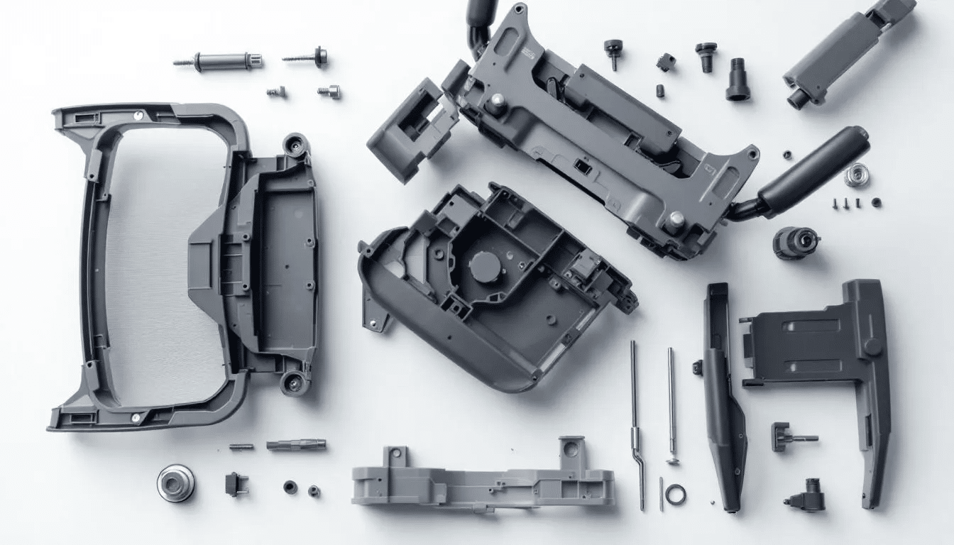 Imagen que muestra una vista detallada de los componentes principales de una silla de oficina desmontada, incluyendo el respaldo, los brazos, el pistón y las ruedas, lo que permite observar las piezas necesarias para su mantenimiento y reparación. La disposición de las partes resalta la importancia del cuidado y la funcionalidad en el uso de sillas de oficina.