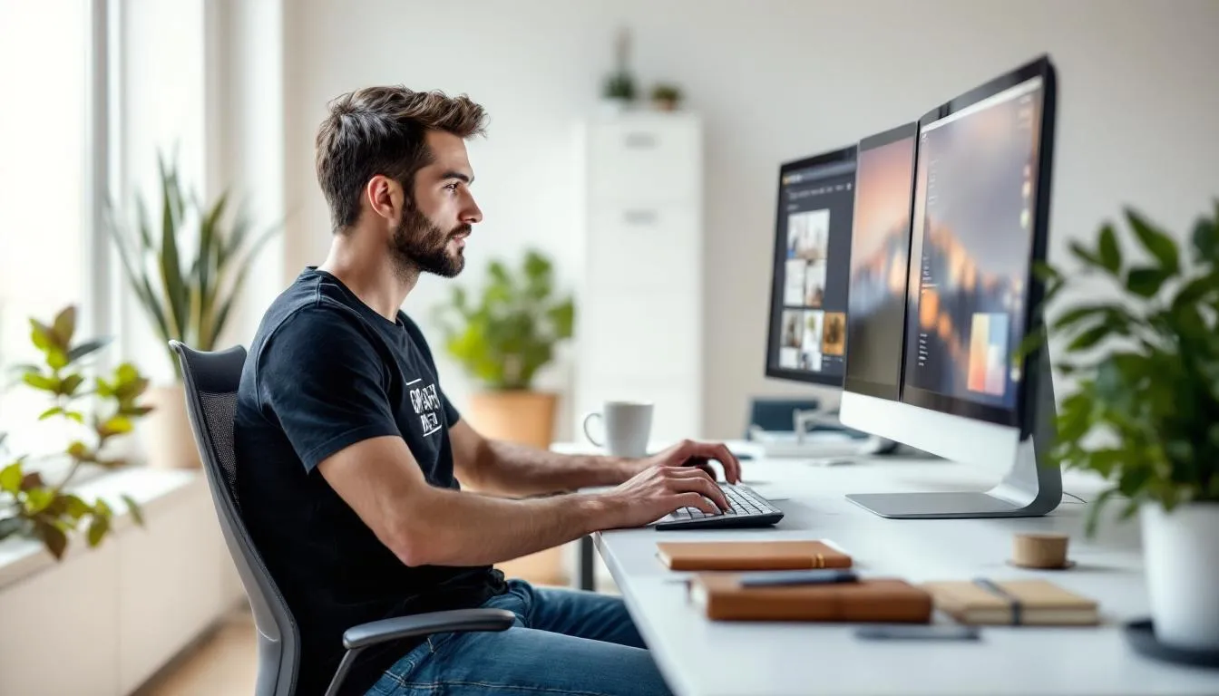 Un diseñador gráfico trabaja concentrado en su computadora, sentado en un escritorio de oficina moderno, rodeado de artículos de diseño y muebles funcionales que reflejan su estilo personal. La escena transmite un ambiente creativo y profesional, ideal para el trabajo diario en un espacio de oficina.