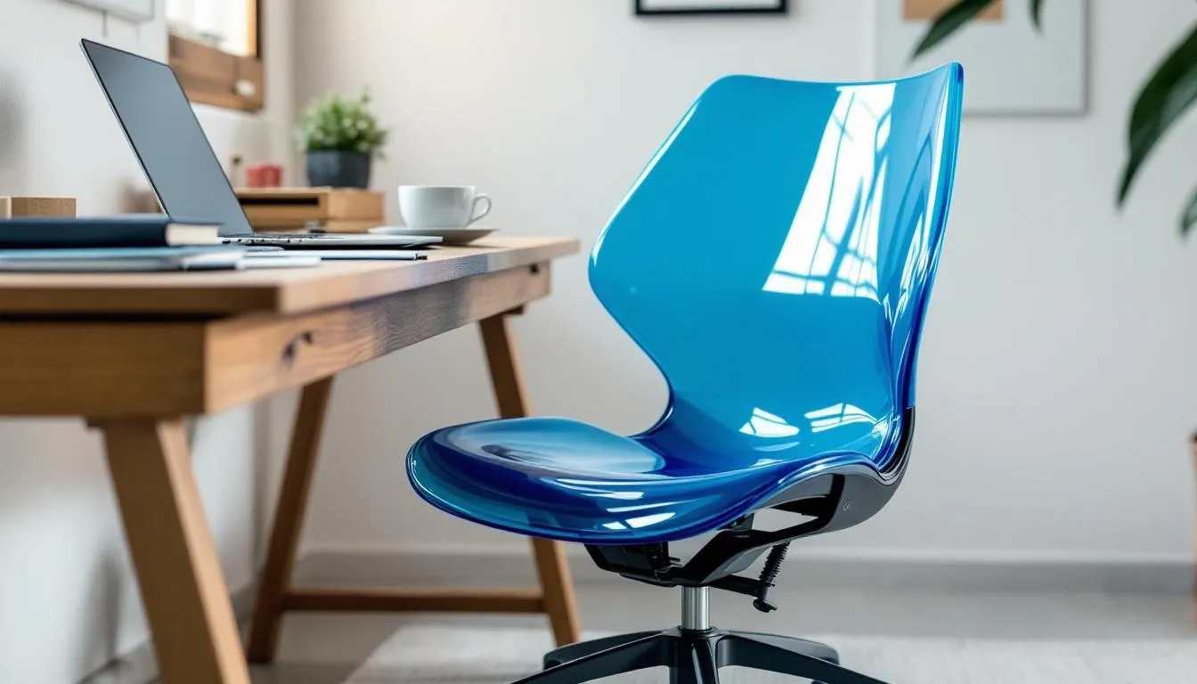 Imagen de una silla de oficina de plástico, diseñada para ofrecer confort y estilo en espacios de trabajo. La silla presenta un diseño moderno y funcional, ideal para oficinas y hogares, con ruedas para facilitar su movilidad.