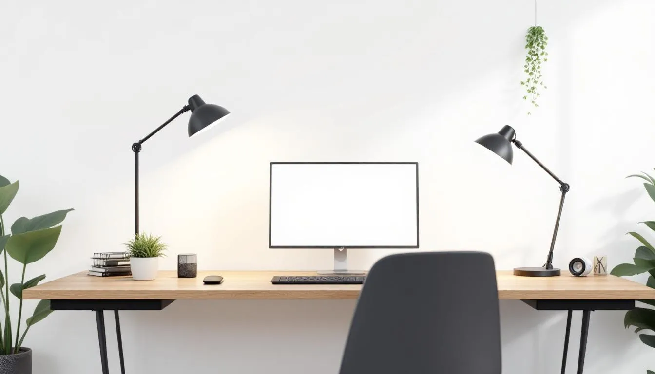 Un escritorio conceptual ideal para trabajar en una computadora, que combina diseño y funcionalidad, con un espacio organizado para artículos de oficina y muebles de madera. Este lugar está diseñado para maximizar la experiencia laboral y ofrecer opciones que se adaptan a los intereses del usuario.