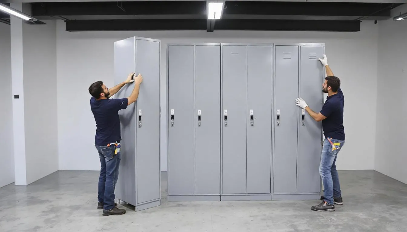 La imagen muestra el proceso de instalación de lockers metálicos en una empresa, donde se pueden ver diferentes tipos de casilleros con varias puertas, listos para ser colocados en las oficinas. Estos lockers están diseñados para ofrecer seguridad y funcionalidad en el almacenamiento de pertenencias de los usuarios.