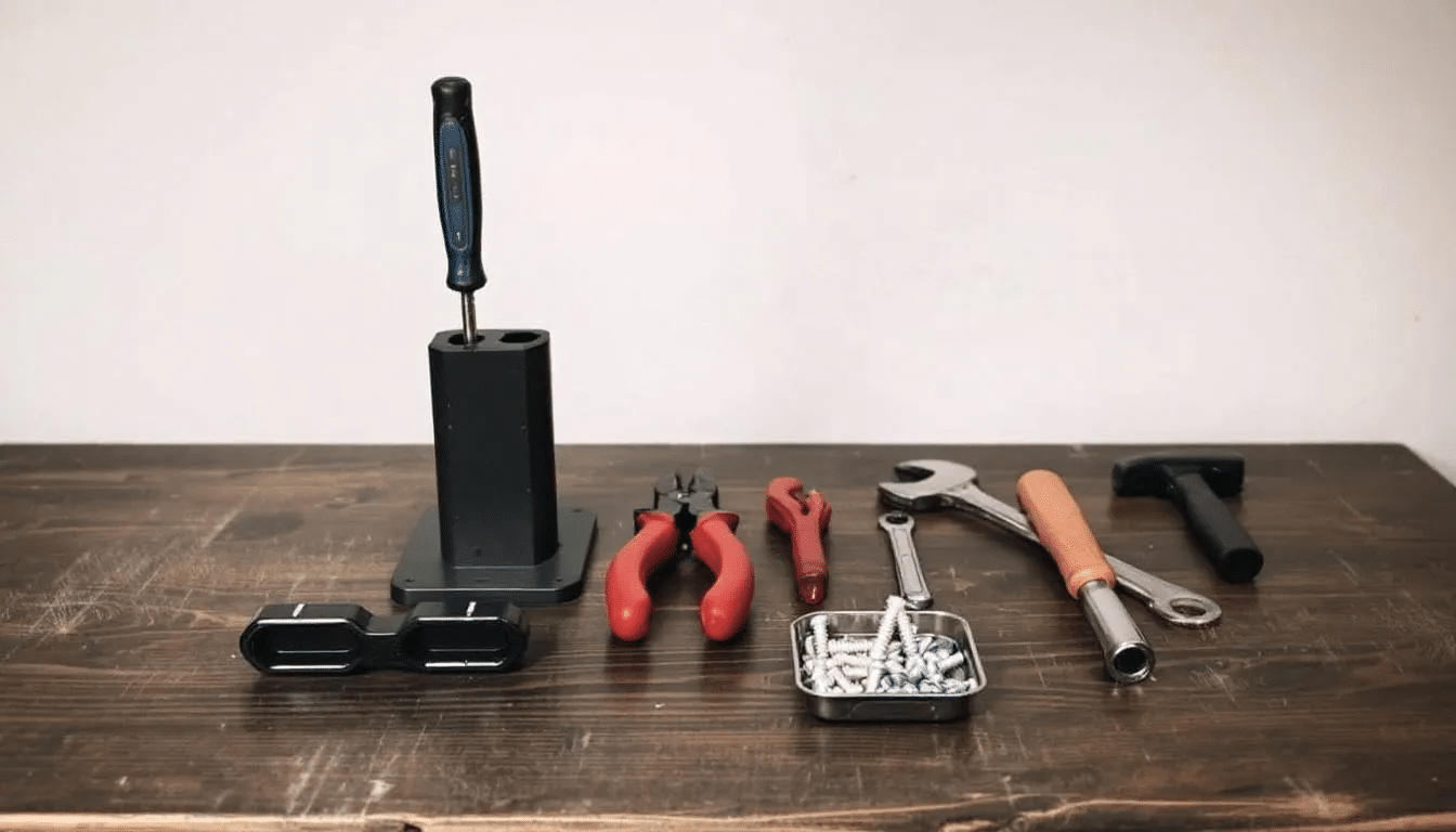 Un set de herramientas básicas para el mantenimiento de sillas está dispuesto sobre una superficie de trabajo, incluyendo destornilladores, tornillos y lubricantes, ideales para la reparación y limpieza de sillas de oficina y sillas de ruedas. Este conjunto es esencial para asegurar la funcionalidad y comodidad de los muebles en un espacio de trabajo.