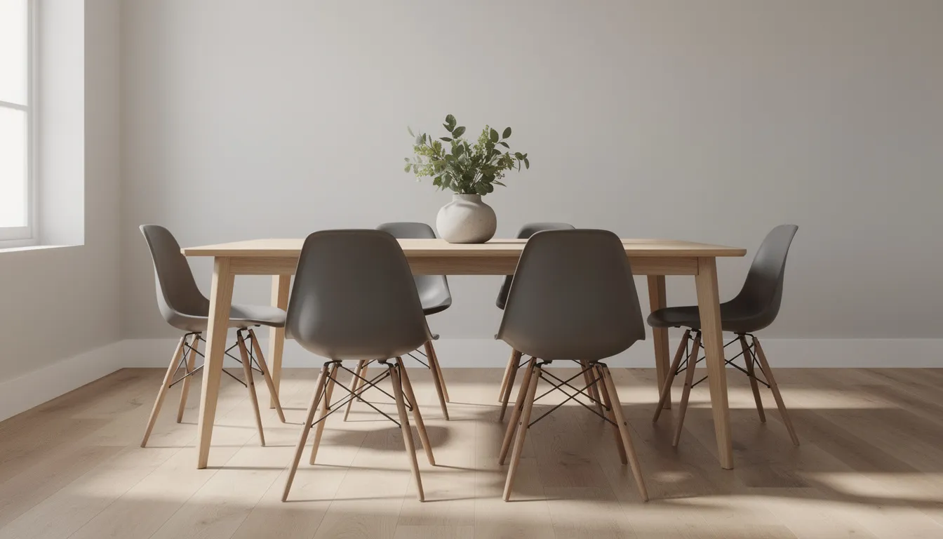 Imagen de un comedor moderno que presenta cuatro sillas de plástico estilo Eames en color gris, dispuestas alrededor de una mesa de madera clara. Este diseño contemporáneo es ideal para espacios interiores y combina estética con funcionalidad.