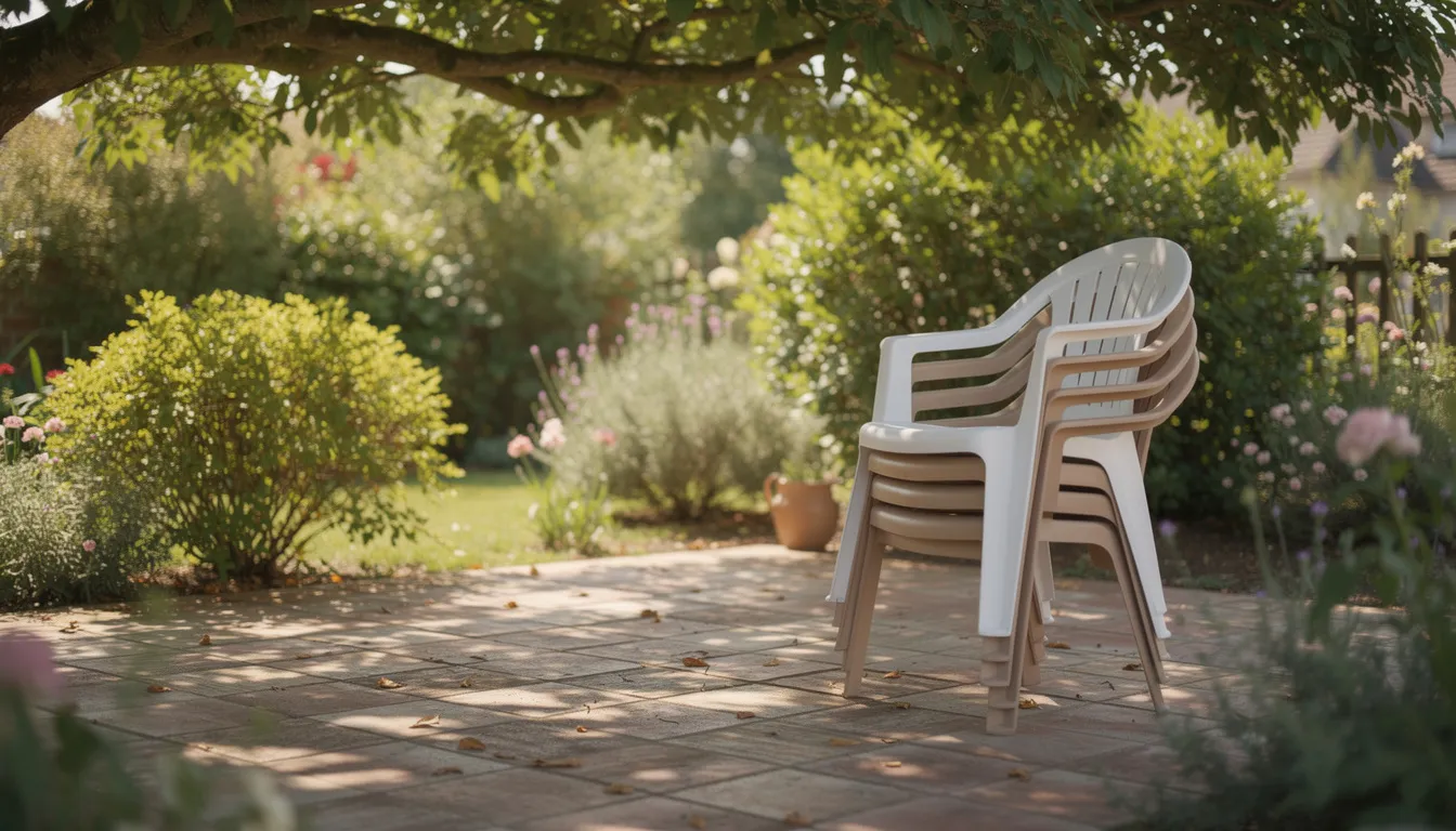 En la imagen se observa una terraza de jardín con varias sillas de plástico apilables en colores blanco y beige, colocadas bajo la sombra de un árbol, ideales para el descanso en exteriores. Estas sillas de polipropileno ofrecen durabilidad y resistencia a la intemperie, perfectas para disfrutar de espacios al aire libre.