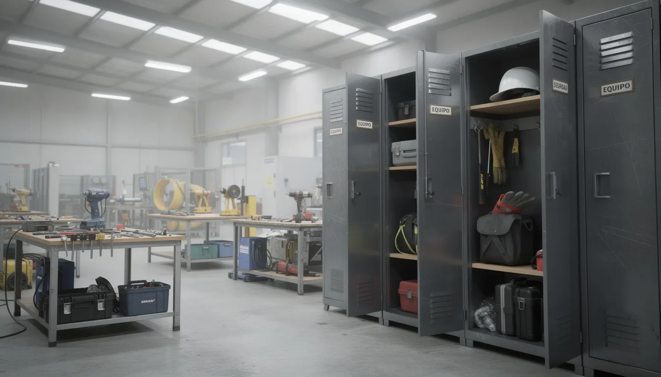 La imagen muestra un taller industrial equipado con casilleros metálicos de alta resistencia, donde se pueden guardar pertenencias y equipo de trabajo de manera segura. Los casilleros, que tienen dos puertas, están organizados en un espacio funcional, brindando confianza y calidad a los usuarios.