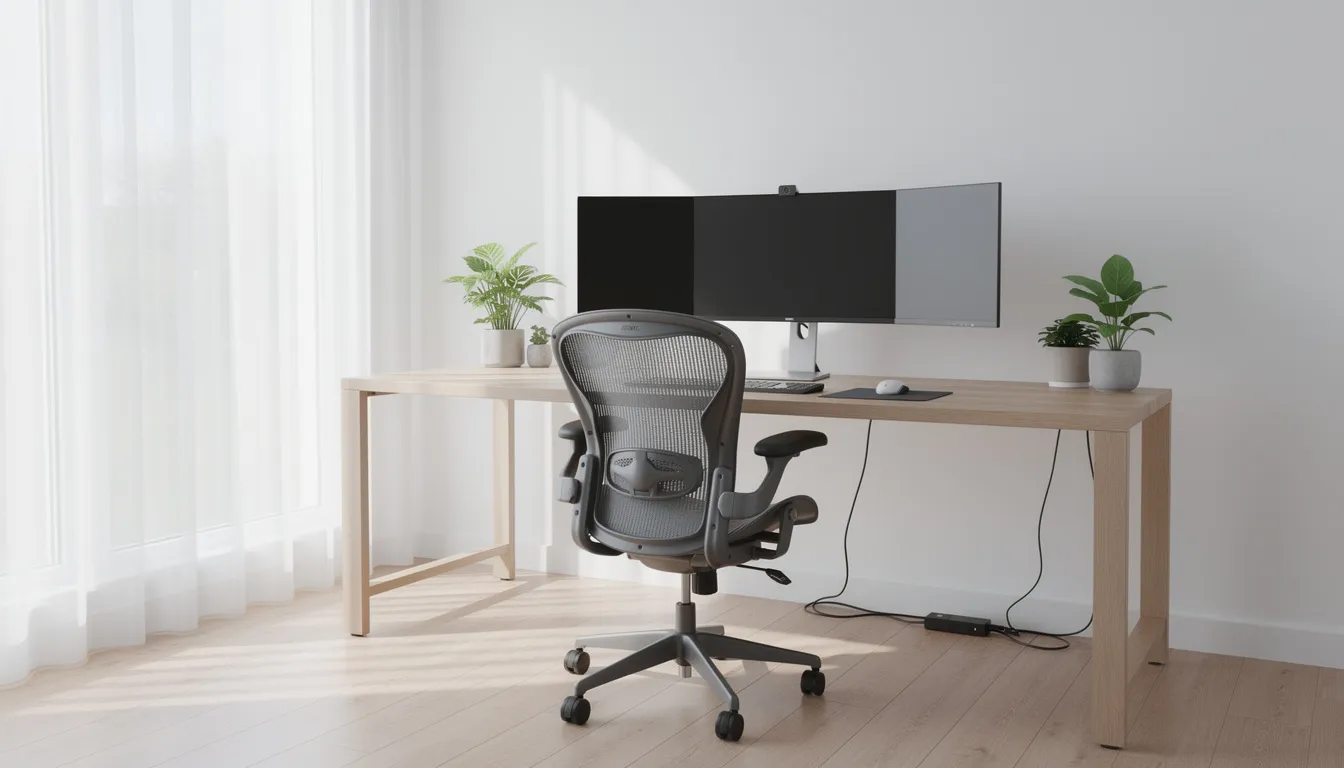 Un moderno espacio de trabajo con un amplio escritorio de madera, un monitor grande y una silla ergonómica, todo en una habitación bien iluminada que refleja un diseño funcional y estilizado. La estación de trabajo está organizada y lista para el uso diario, ideal para la productividad en oficinas o en casa.