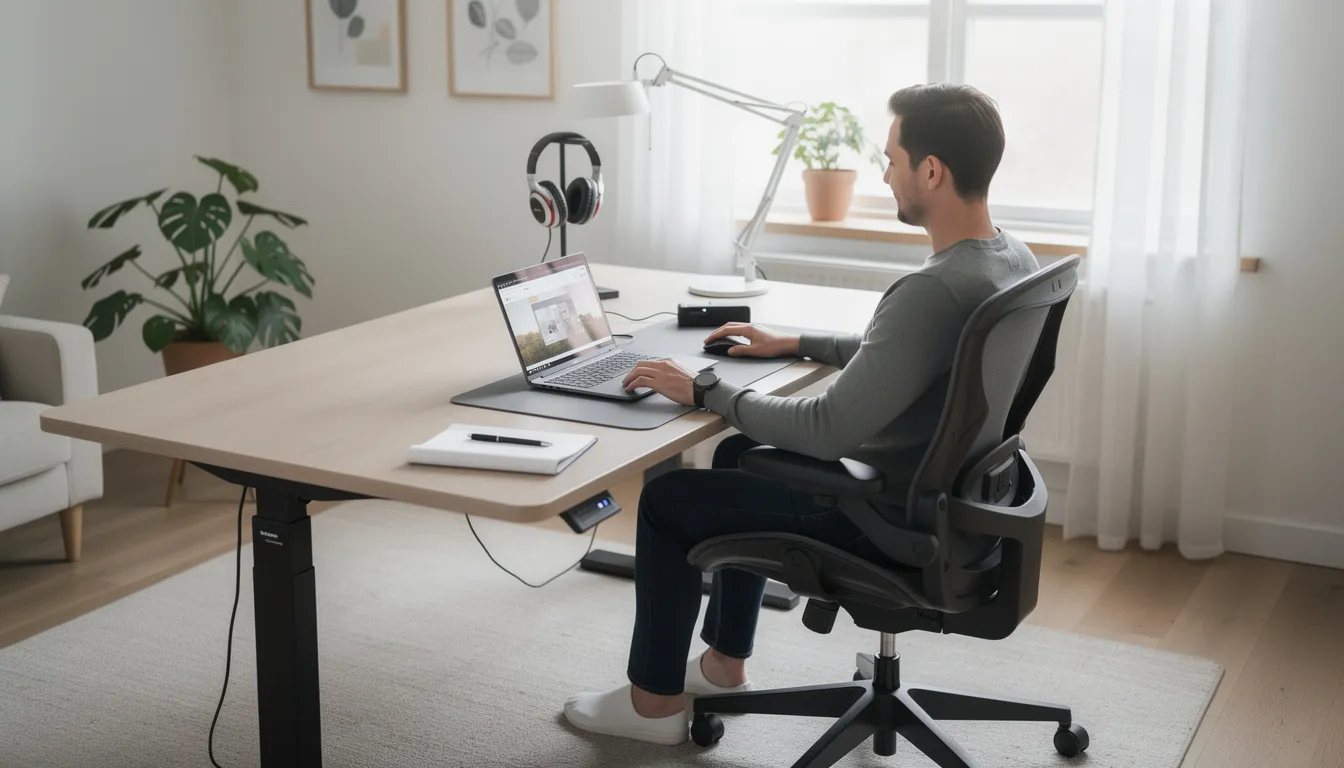 Una persona está trabajando cómodamente en un escritorio ergonómico, rodeada de una organización eficiente con una laptop y accesorios bien dispuestos. El espacio refleja un diseño funcional y estilizado, ideal para oficinas o estaciones de trabajo en casa.