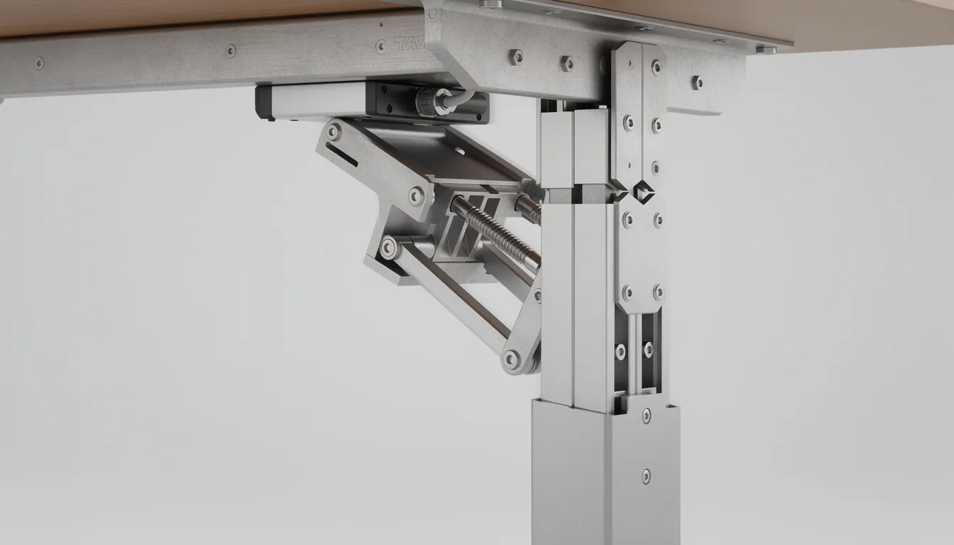 Imagen que muestra el detalle de la estructura metálica y las columnas telescópicas de un escritorio elevable en movimiento, destacando su diseño funcional y la opción de ajustar la altura para mejorar la postura durante el trabajo.