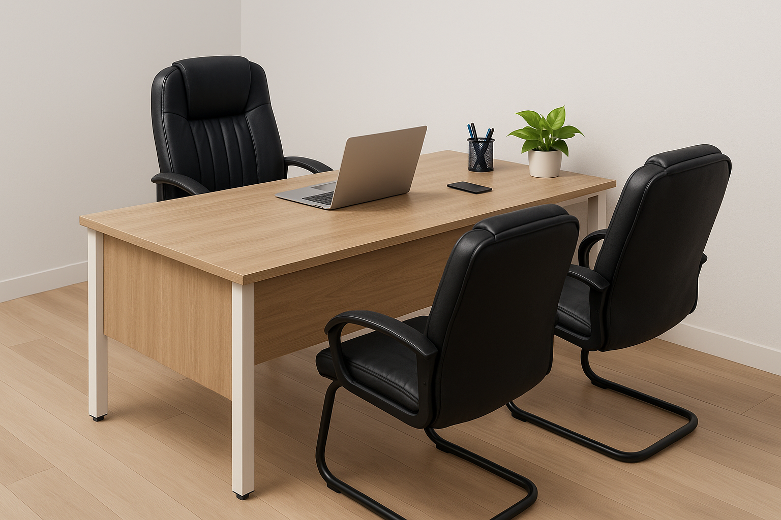 Imagen de una oficina moderna que presenta escritorios ergonómicos y sillas de diseño, con luz natural que entra a través de amplios ventanales, creando un ambiente de trabajo cómodo y funcional. La disposición del mobiliario de oficina fomenta la colaboración y la productividad en el espacio.