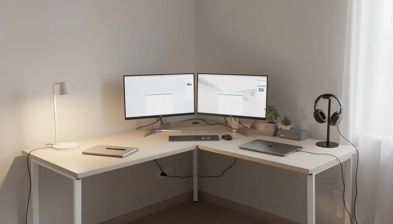 Escritorio en forma de L ubicado en la esquina de una habitación, con dos monitores y accesorios organizados que maximizan el espacio de trabajo. El diseño funcional y moderno de este escritorio crea un ambiente ideal para la productividad en la oficina o en casa.