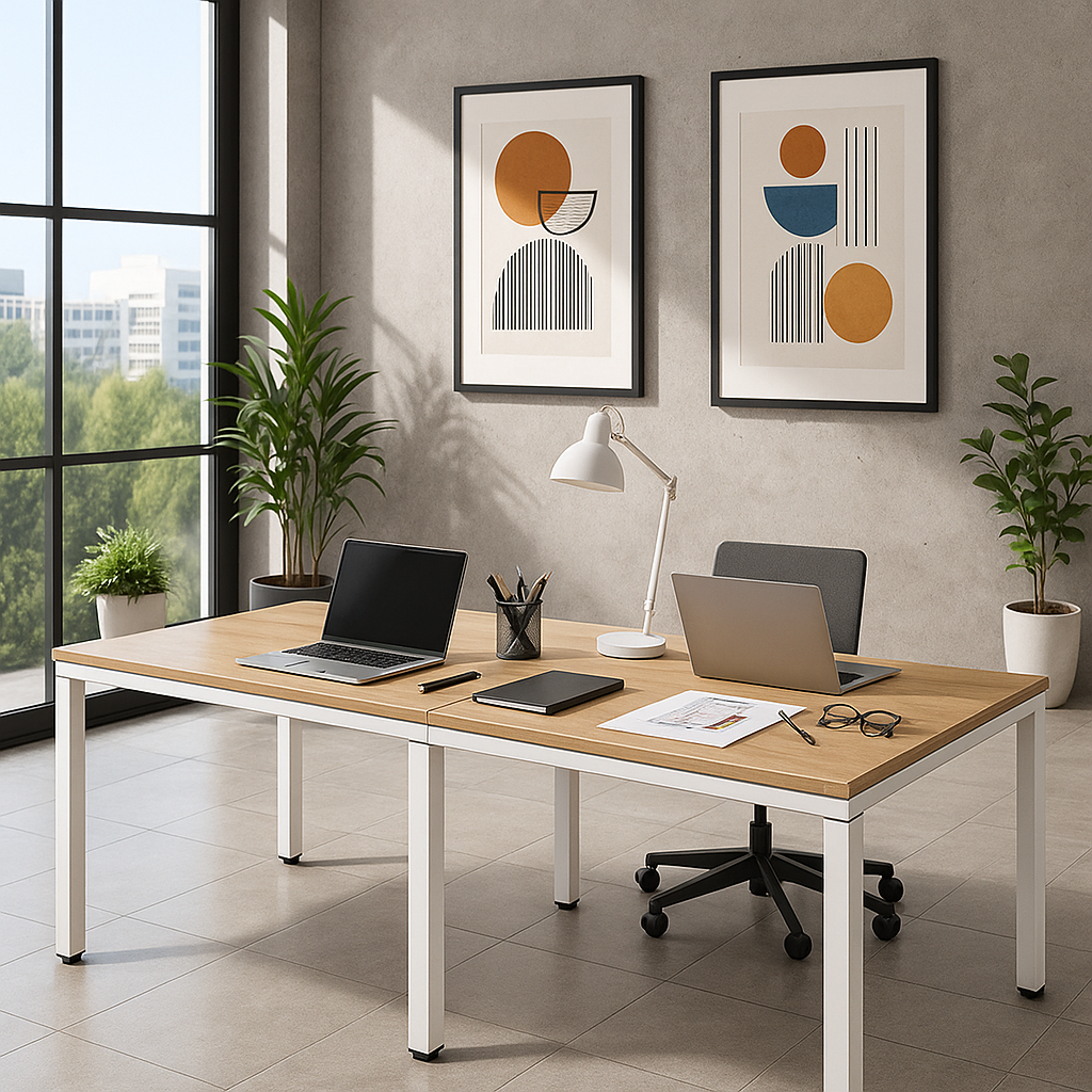 Imagen de una estación de trabajo tipo bench que cuenta con cuatro puestos, cada uno equipado con monitores y sillas ergonómicas en tonos grises, ideal para un entorno de oficina que busca funcionalidad y comodidad. Este mobiliario de oficina está diseñado para mejorar la productividad y el bienestar de los colaboradores.