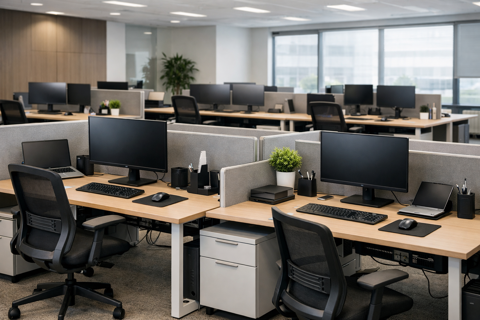 Imagen de un moderno espacio de oficina abierta, que cuenta con escritorios y sillas ergonómicas, iluminado de manera natural y con áreas colaborativas para el trabajo. Este ambiente destaca por su elegancia y funcionalidad, ideal para proyectos de empresa.