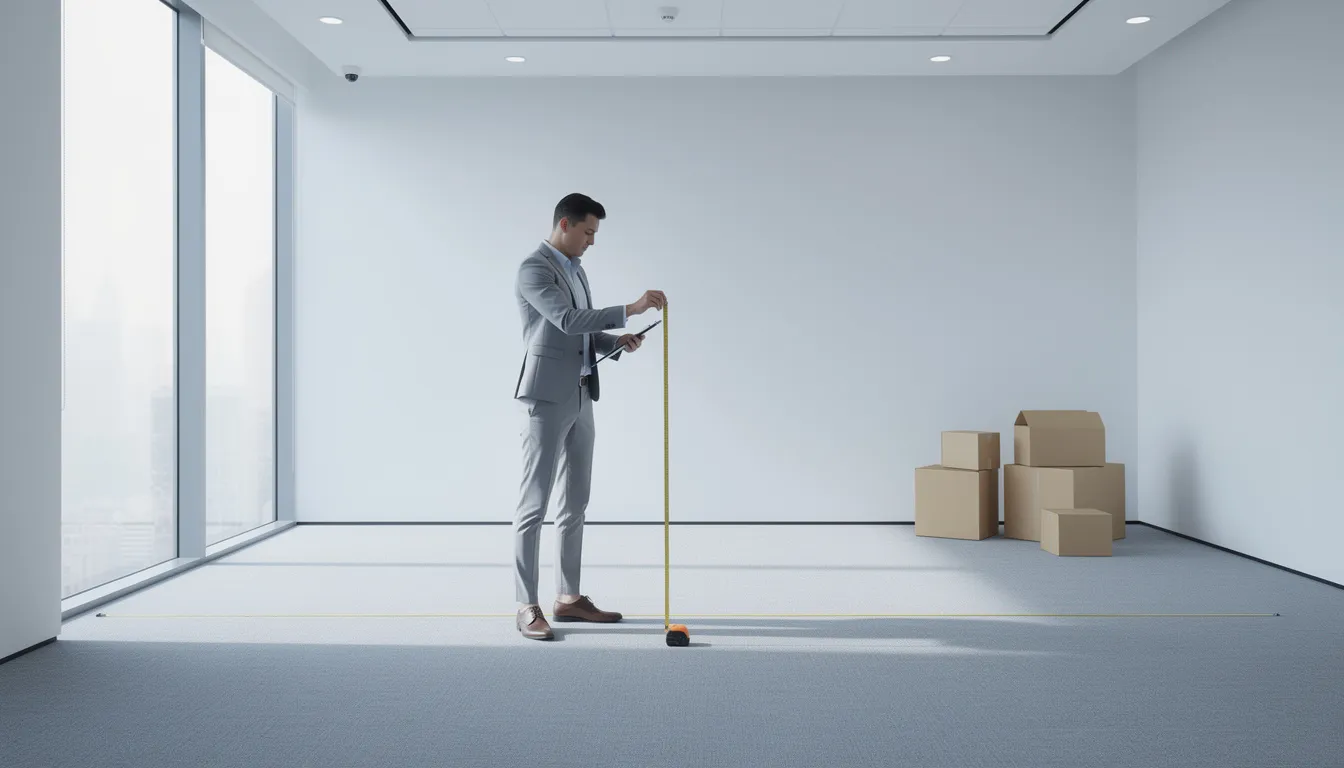 Una persona está midiendo un espacio de oficina con una cinta métrica antes de la instalación de muebles, asegurándose de que la configuración y el diseño se adapten a sus necesidades. En el fondo, se pueden ver documentos y objetos organizados sobre un escritorio en L, listos para la entrega de productos.