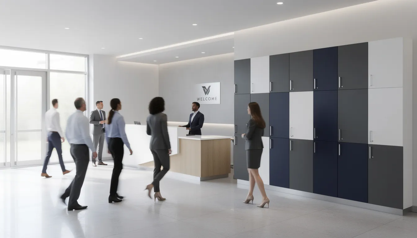 En la imagen se muestra un área de recepción corporativa moderna, donde se pueden ver lockers metálicos en colores profesionales, mientras empleados caminan cerca. Estos casilleros, con varias puertas, ofrecen una solución de guardado segura y funcional para las pertenencias de los usuarios.