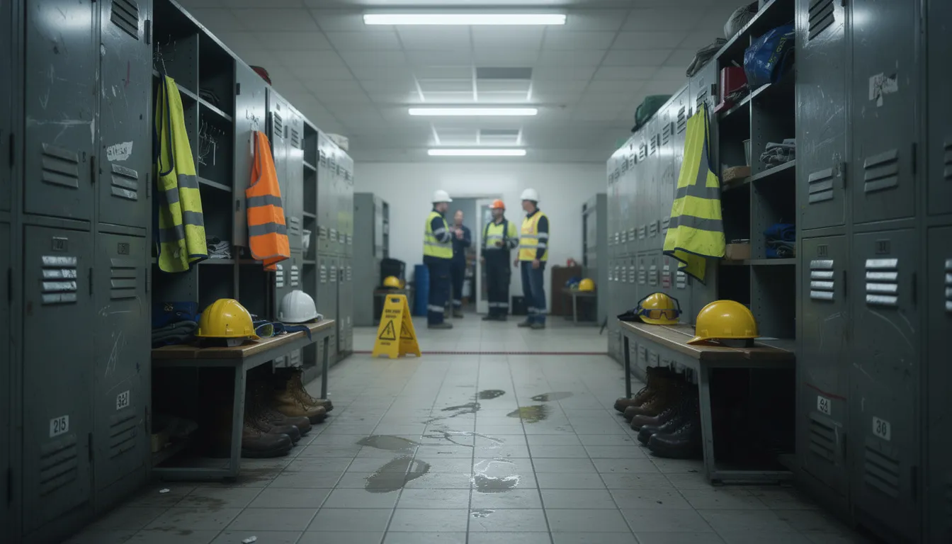 La imagen muestra un vestuario industrial con casilleros metálicos de alta resistencia y dos puertas, donde se puede ver equipo de seguridad y trabajadores en el fondo. Este espacio está diseñado para el guardado seguro de pertenencias, resaltando la funcionalidad y calidad de los lockers para oficina.