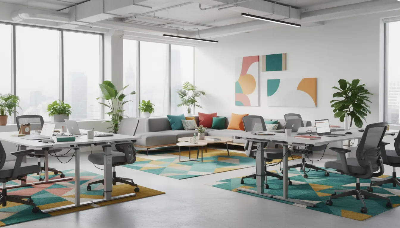 Espacio de oficina moderno y colaborativo con muebles modulares y escritorios de altura ajustable, adornado con elementos de color vibrante que aportan un toque de elegancia y funcionalidad. Este ambiente está diseñado para fomentar la comodidad y la ergonomía en el trabajo, ideal para equipos y proyectos creativos.