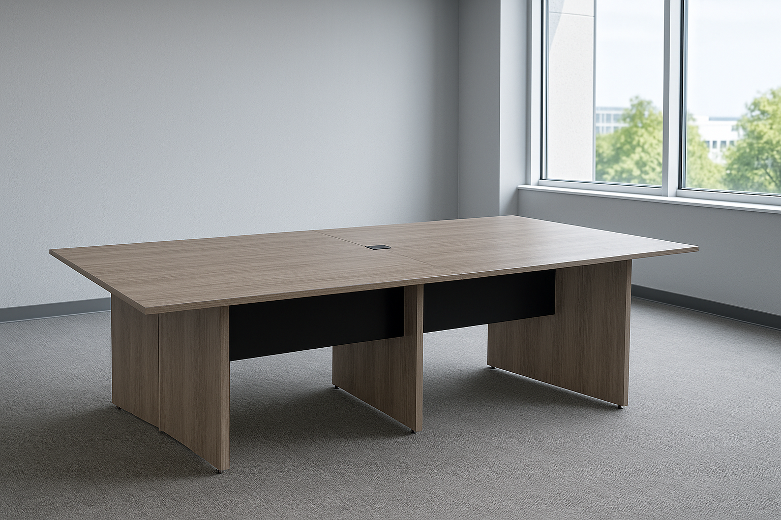 Imagen de una mesa de reuniones rectangular, equipada con puntos de conexión integrados, rodeada de sillas ejecutivas que ofrecen confort y estilo. Este mobiliario de oficina está diseñado para fomentar la colaboración y la productividad en espacios de trabajo.