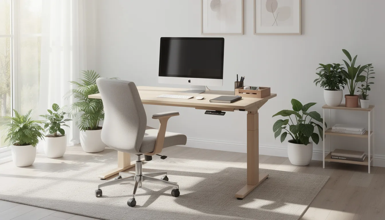 Un espacio de home office luminoso que incluye un escritorio elevable, rodeado de plantas y con accesorios de trabajo organizados, creando un ambiente propicio para la productividad. La disposición ordenada de los elementos resalta la importancia de una buena postura y un diseño funcional en el trabajo diario.