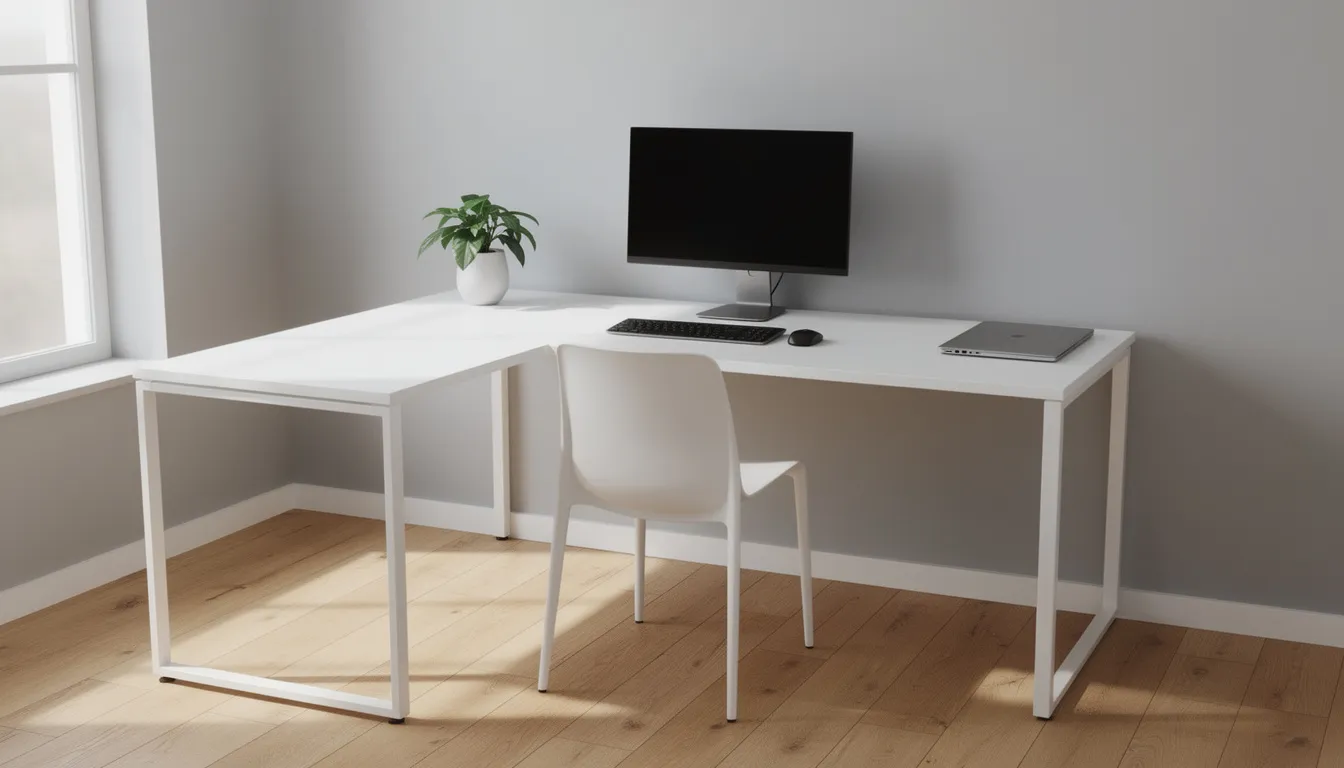 Escritorio en L de diseño minimalista en color blanco, con una superficie amplia y cajones para organización, ideal para un espacio de trabajo ordenado y funcional. Este mueble combina estética y comodidad, perfecto para el hogar o la oficina.