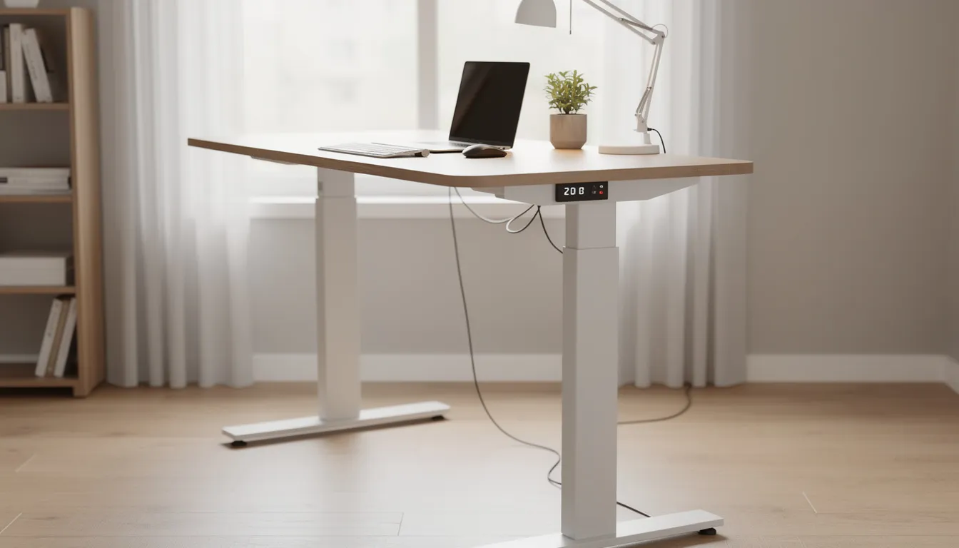 El imagen muestra un escritorio de altura ajustable, ideal para mejorar la postura y la productividad en el trabajo. Su diseño moderno permite cambiar la altura fácilmente, adaptándose a las necesidades del usuario en cualquier espacio de oficina.