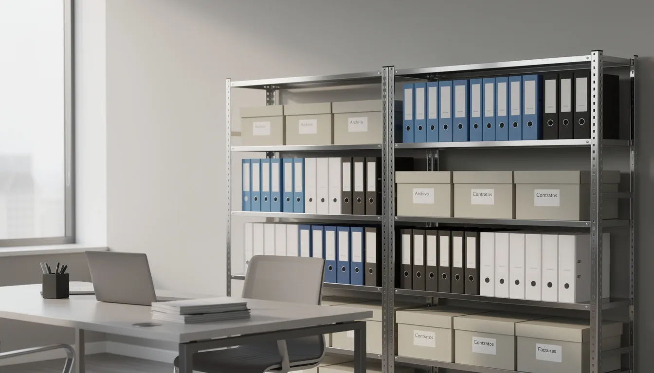 Estante metalico En la imagen se muestra una oficina corporativa con una estantería metálica organizada, donde se pueden ver cajas y documentos clasificados, proporcionando información clara y ordenada. La disposición de los anaqueles sugiere un ambiente de trabajo eficiente y profesional.