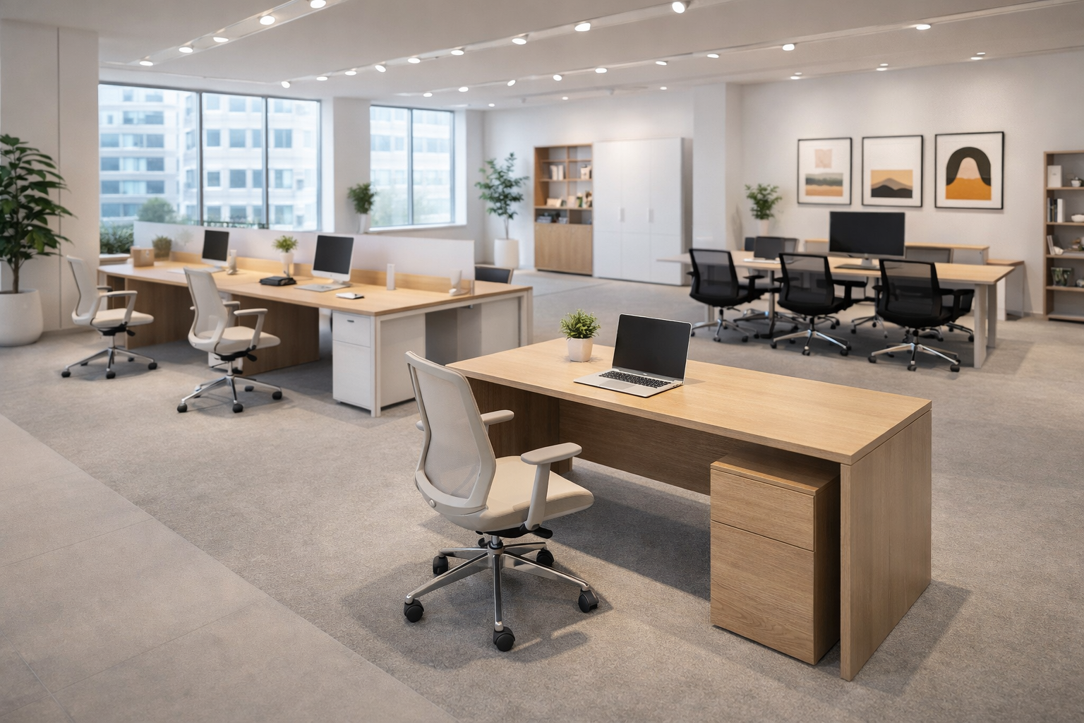 Escritorio compacto ubicado en una oficina luminosa