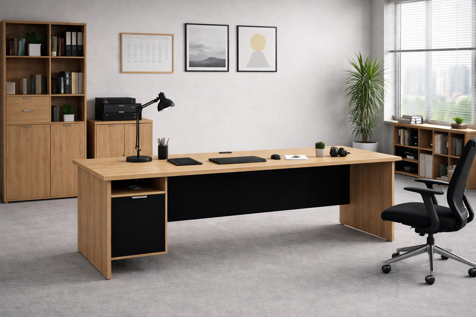 Un moderno espacio de oficina presenta un escritorio con cajones integrados