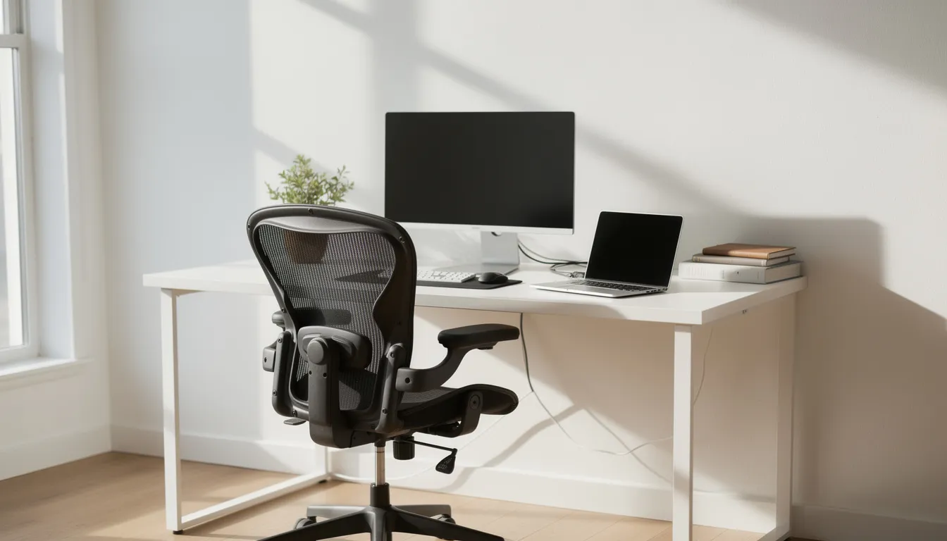 Espacio de trabajo moderno y luminoso que incluye un escritorio ordenado de madera, un monitor y una laptop, complementado con una silla ergonómica. El ambiente está diseñado para fomentar la productividad en el hogar, ideal para oficinas o estudios.