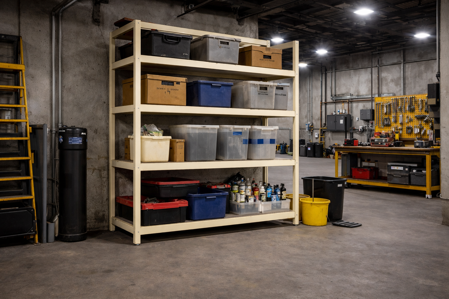 Estante metalico Imagen de un almacén industrial que presenta estantes metálicos de varios niveles, organizados de manera ordenada con cajas y diversos productos. Los estantes están llenos, mostrando una variedad de colores y tamaños en los artículos almacenados.