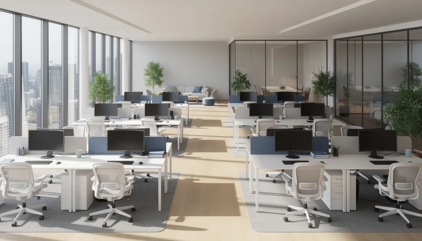 Imagen de una planta abierta de oficina que muestra múltiples estaciones de trabajo ordenadas, con escritorios ejecutivos de diseño moderno en un espacio luminoso. El ambiente refleja organización y funcionalidad, ideal para satisfacer las necesidades de trabajo de las personas.