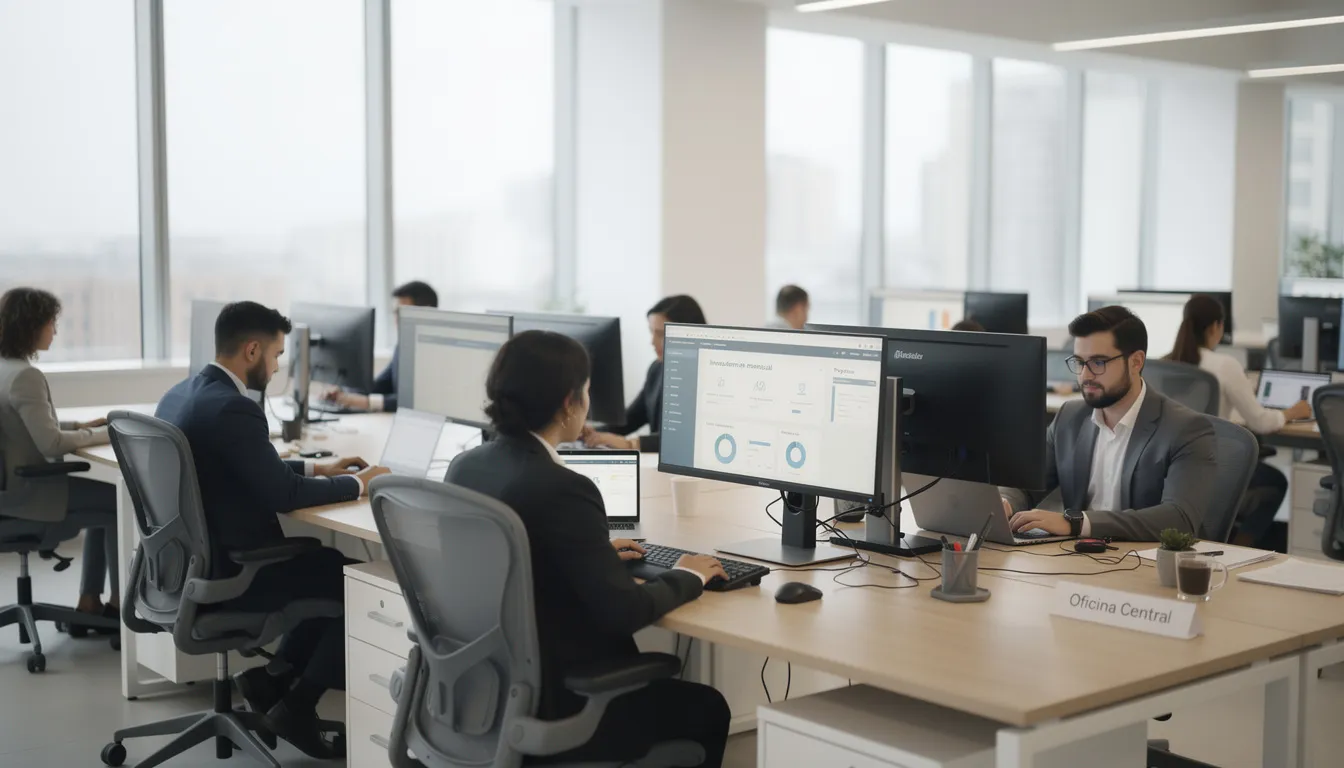 Imagen de una oficina profesional que presenta múltiples estaciones de trabajo ordenadas, con escritorios de madera y monitores, donde varios empleados están concentrados en sus computadoras. El ambiente refleja un diseño moderno y funcional, ideal para el trabajo colaborativo.