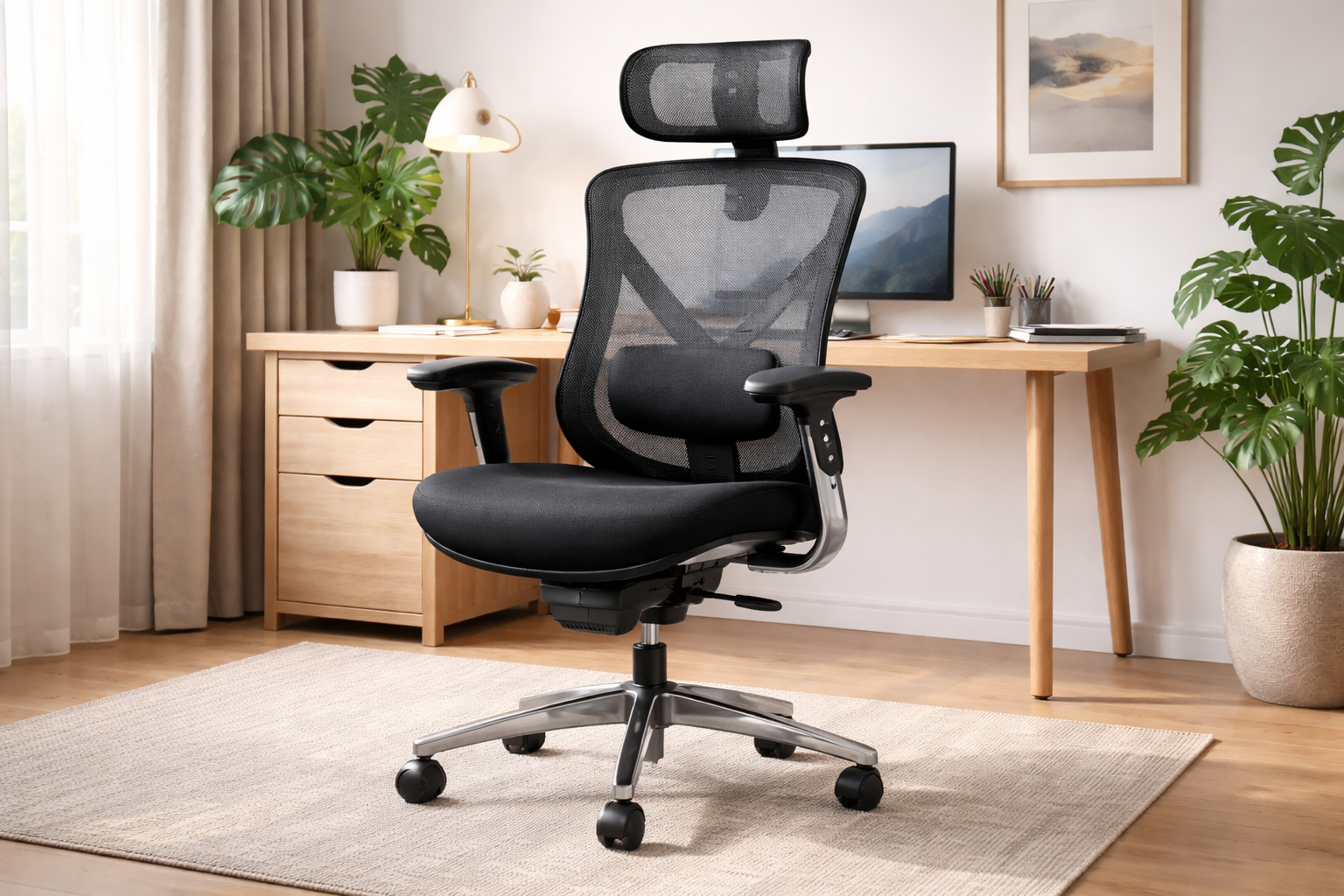 Silla de oficina ergonómica en un espacio de trabajo luminoso. La silla cuenta con respaldo y reposabrazos, brindando soporte para la columna vertebral durante largas horas de trabajo.