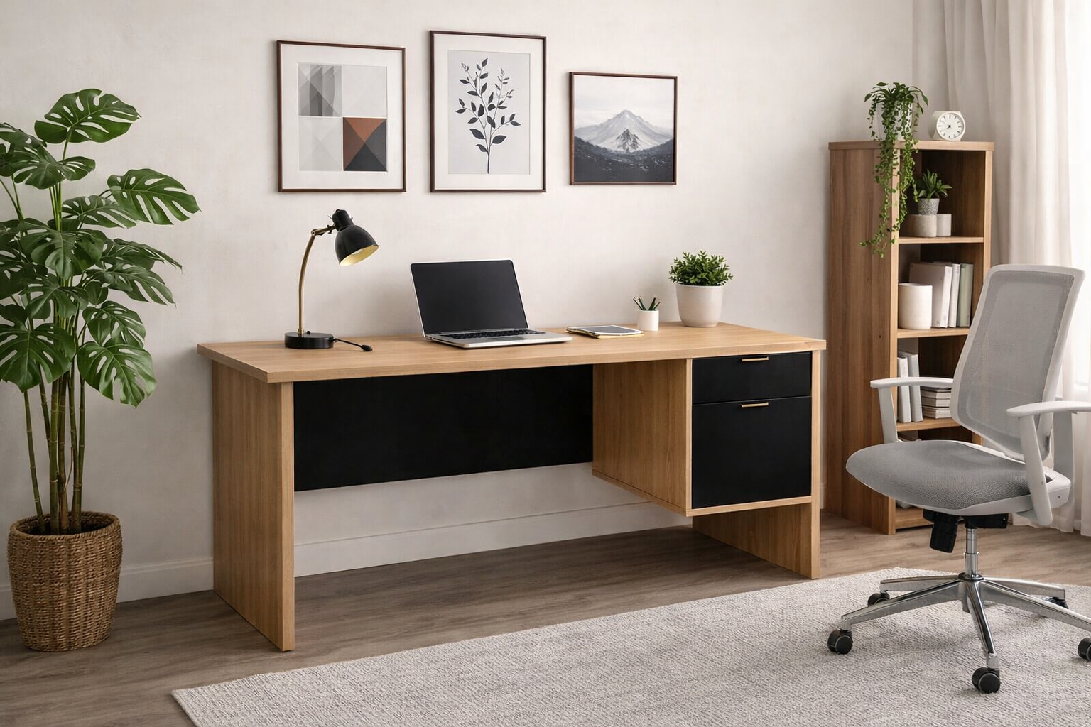 Escritorio con cajones equipado con un monitor y una silla ergonómica