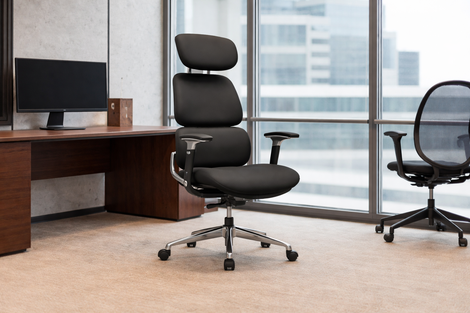 La imagen muestra una silla ergonómica de alta gama que cuentan con un mecanismo de rodilla y ajuste de altura. La luz natural ilumina el espacio, resaltando el diseño contemporáneo y funcional de los asientos.