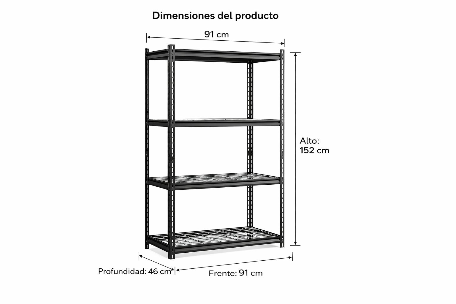 Estante metalico Imagen que muestra un detalle de las medidas de un estante metálico, ideal para organizar productos. El diseño permite un fácil acceso y ajuste según las necesidades de almacenamiento.