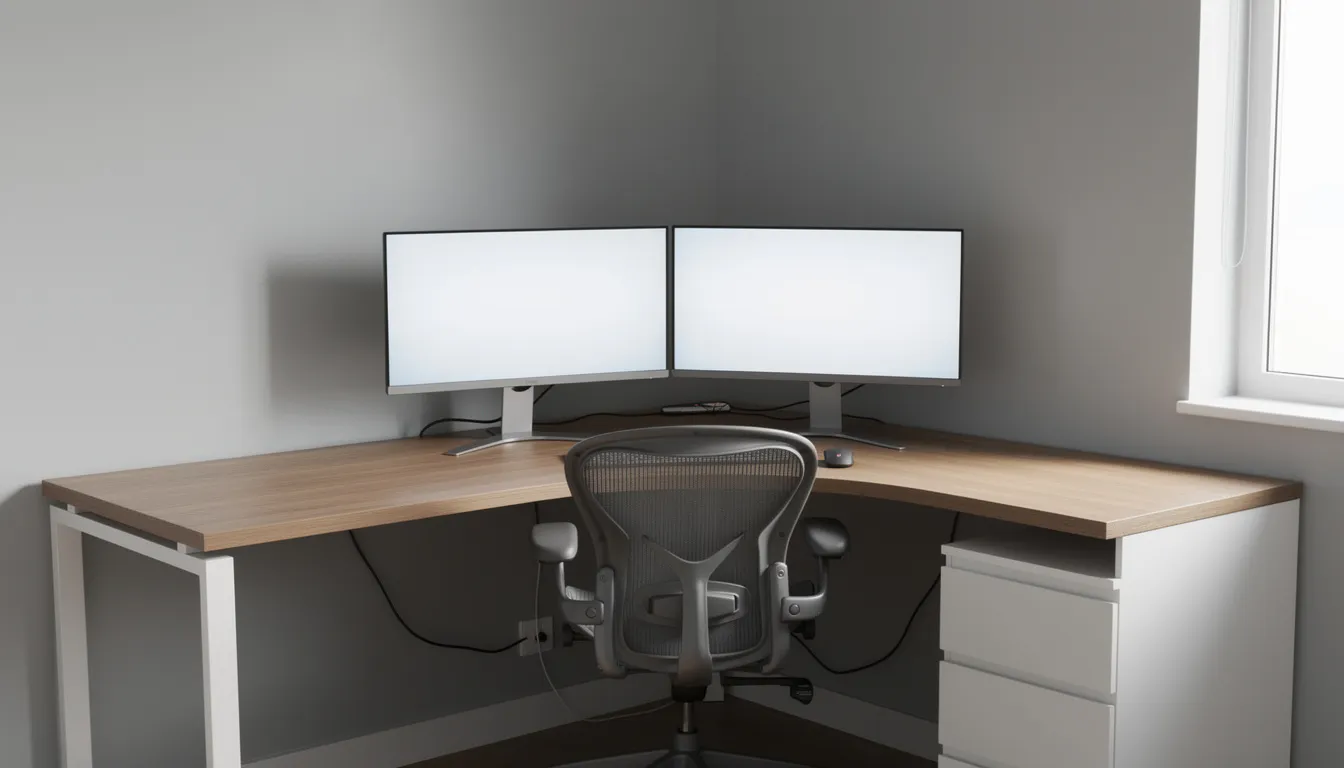 Escritorio en forma de L en la esquina de una oficina, equipado con dos monitores y una silla ergonómica, ideal para el trabajo y el estudio. El diseño moderno y funcional de este mueble de madera maximiza el espacio y la comodidad en el hogar o en la oficina.