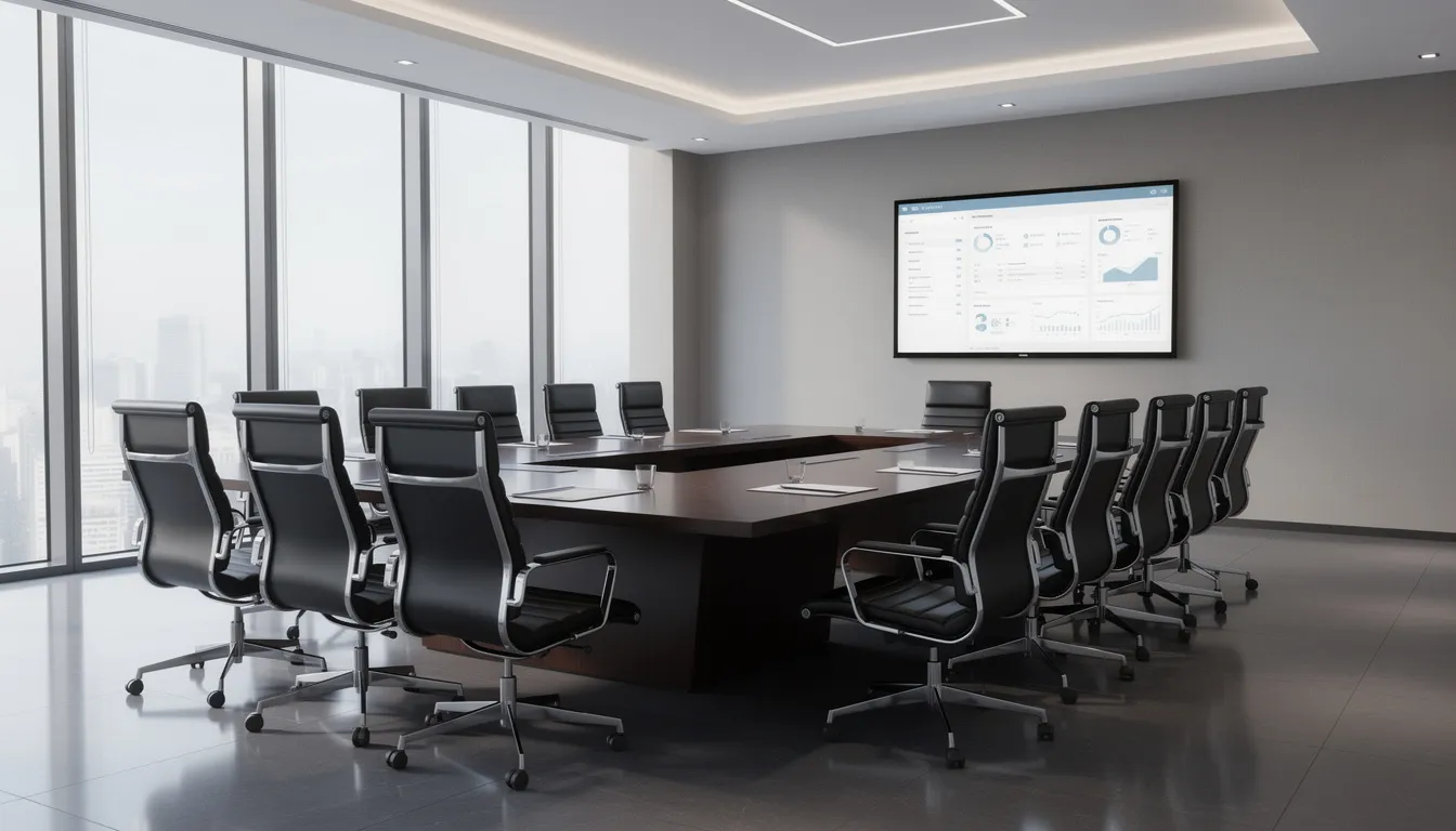 Sala de juntas corporativa que presenta una mesa de conferencias elegante, rodeada de sillas ejecutivas de respaldo alto en color negro, diseñadas para ofrecer confort y ergonomía durante largas jornadas de trabajo. El ambiente es profesional, ideal para reuniones y toma de decisiones en un espacio de oficina moderno.