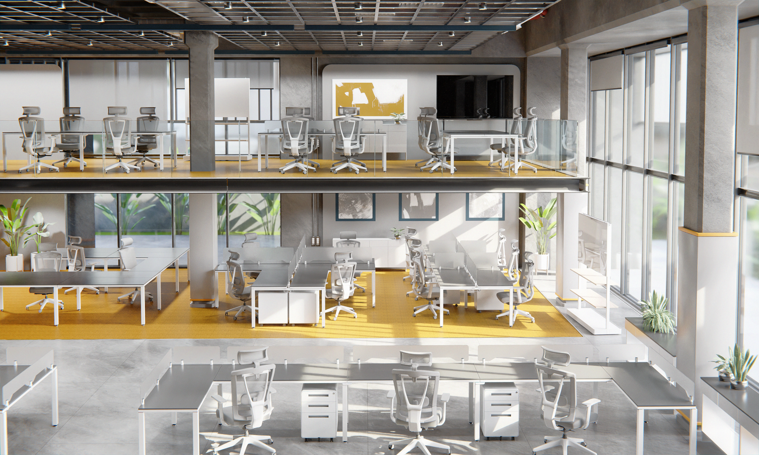 La imagen muestra una oficina moderna con escritorios ejecutivos ordenados, donde varias personas trabajan en un ambiente luminoso y acogedor. El diseño del espacio destaca por su funcionalidad y comodidad, creando un lugar ideal para el trabajo profesional.