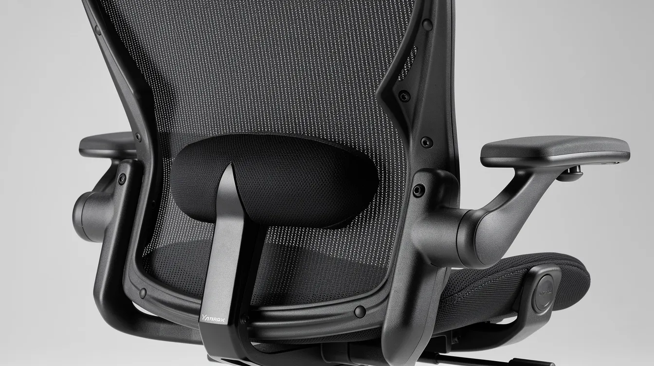 Detalle de una silla ergonómica con respaldo de malla (mesh), soporte lumbar y reposabrazos ajustables, diseñada para ofrecer confort y calidad en el espacio de trabajo. La imagen destaca las características que la hacen ideal para largas jornadas en la oficina.