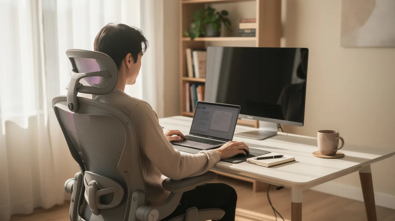 Una persona está trabajando desde casa en un espacio bien iluminado, sentado en una silla ergonómica que ofrece confort y soporte. El escritorio está ordenado, reflejando un ambiente de trabajo eficiente y cómodo.
