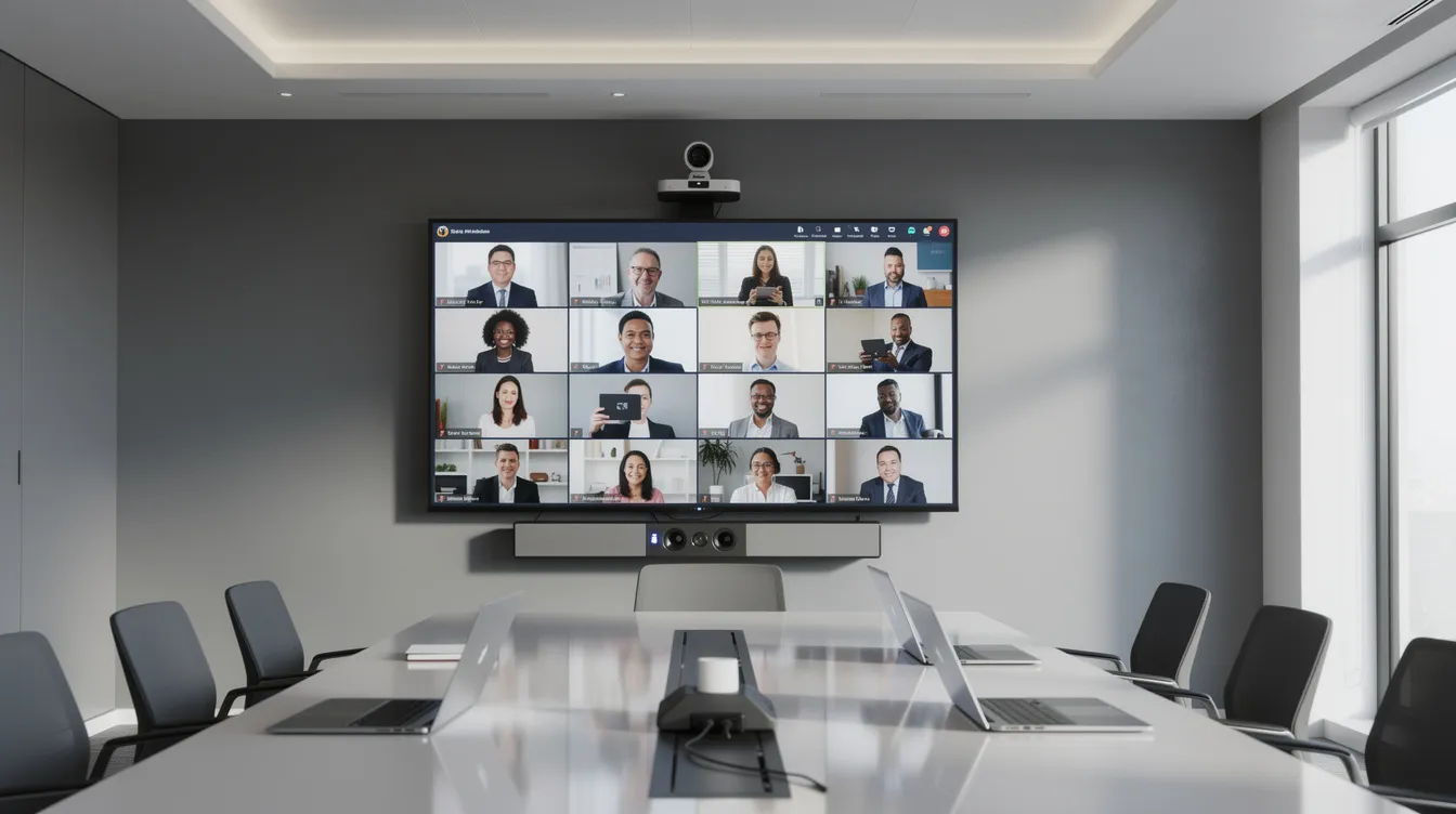 Imagen de una sala de juntas moderna equipada para videoconferencias, que incluye una gran pantalla de visualización y un sistema de cámaras. El espacio está diseñado para fomentar la colaboración y la productividad durante las reuniones, con una mesa central y un estilo contemporáneo.