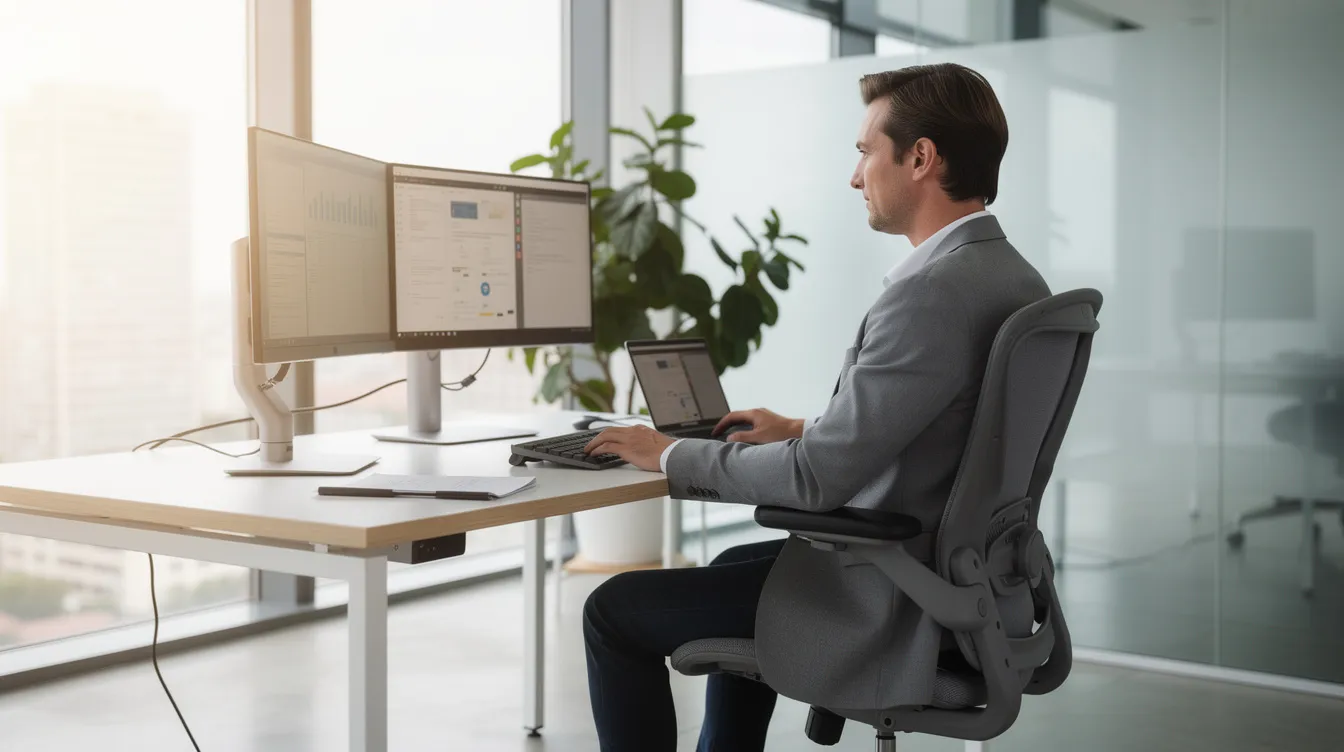 Una persona está trabajando cómodamente en una oficina moderna, rodeada de luz natural y mobiliario ergonómico, incluyendo una silla de oficina que ofrece confort y soporte. El espacio está diseñado con un estilo contemporáneo, destacando la calidad de los artículos y la atención al cliente.