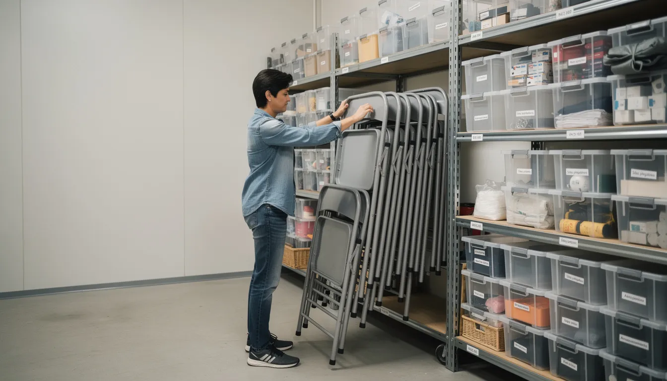 Una persona está guardando sillas plegables de plástico en un espacio de almacenamiento organizado, donde las sillas están apiladas de manera ordenada, listas para su uso en cafeterías o eventos. El ambiente refleja un diseño funcional y práctico, ideal para maximizar el espacio.