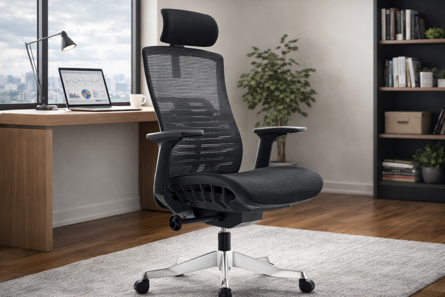 Imagen de una silla ergonómica de oficina, destacando sus diferentes puntos de ajuste y soporte lumbar, ideal para mejorar la postura y el confort durante el trabajo en el hogar o la oficina. La silla cuenta con ruedas para facilitar su movilidad en el espacio.