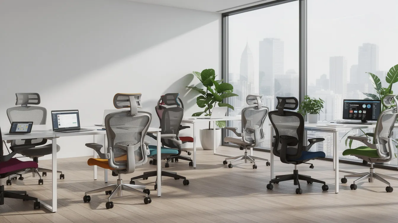 La imagen muestra un espacio de oficina abierto, iluminado por luz natural, donde se pueden ver diferentes tipos de sillas ergonómicas que ofrecen confort y movilidad. Las sillas, que varían en estilo y características, están dispuestas alrededor de escritorios, creando un ambiente ideal para el trabajo.